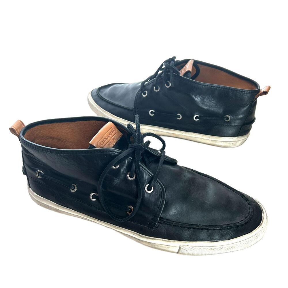 COACH Mens Black Leather Sneakers Size 13 Boat Shoes Styling High Top